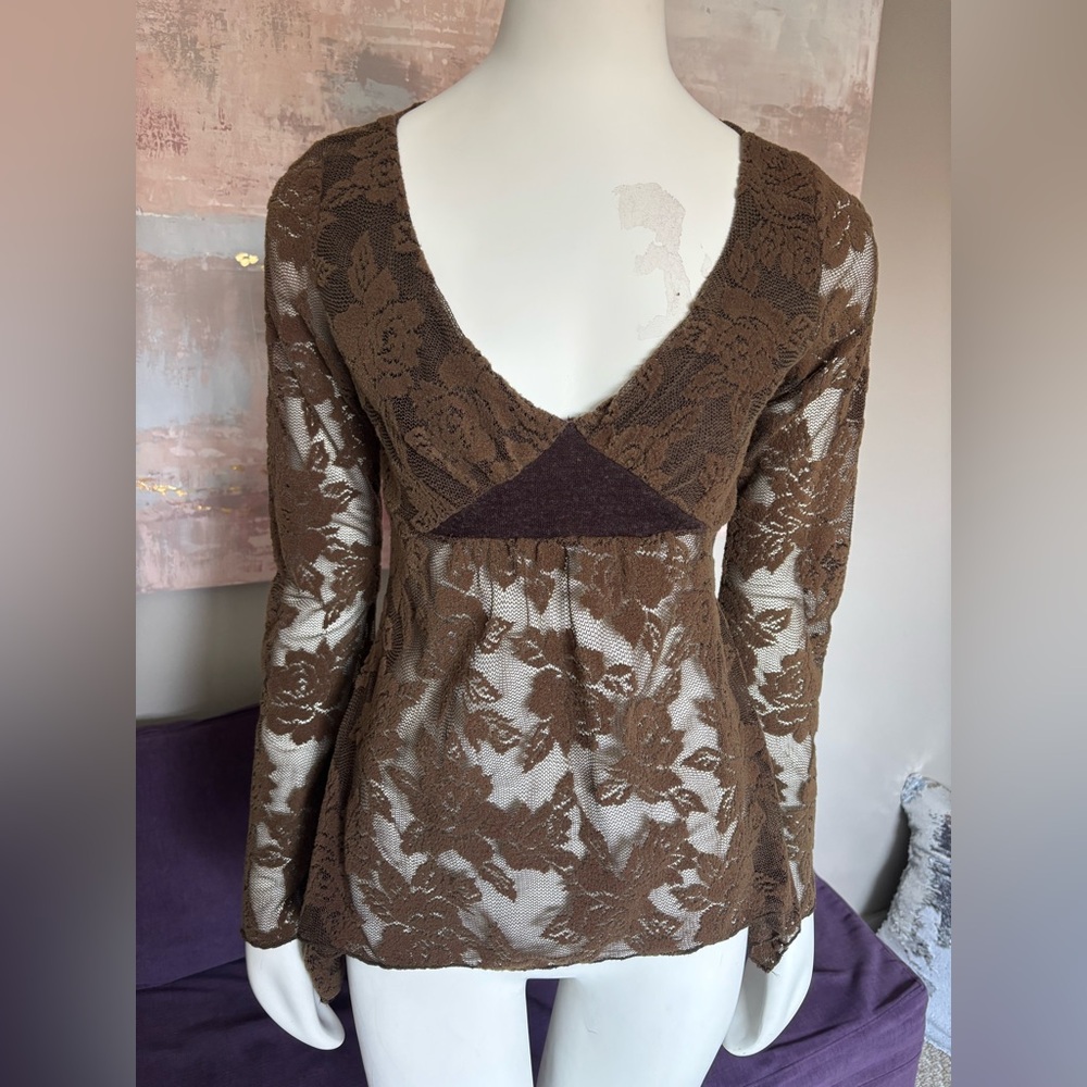 Y2K Costa Blanca Brown Lace V-Neck Top with Long Sleeves and Flair Bottom Sm